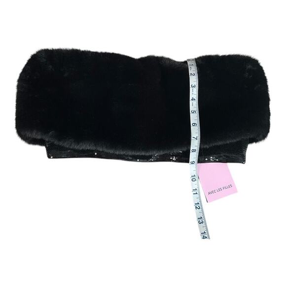 AVEC LES FILLES Crop Top NWT Black on Black Zip Sequin Bottom Faux Fur Top Large - Picture 10 of 13